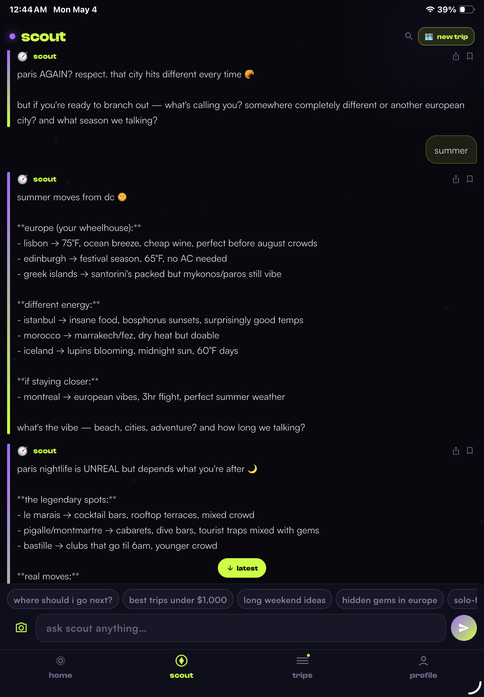 Scout chat in TripSquad with real venue suggestions and follow-up chips