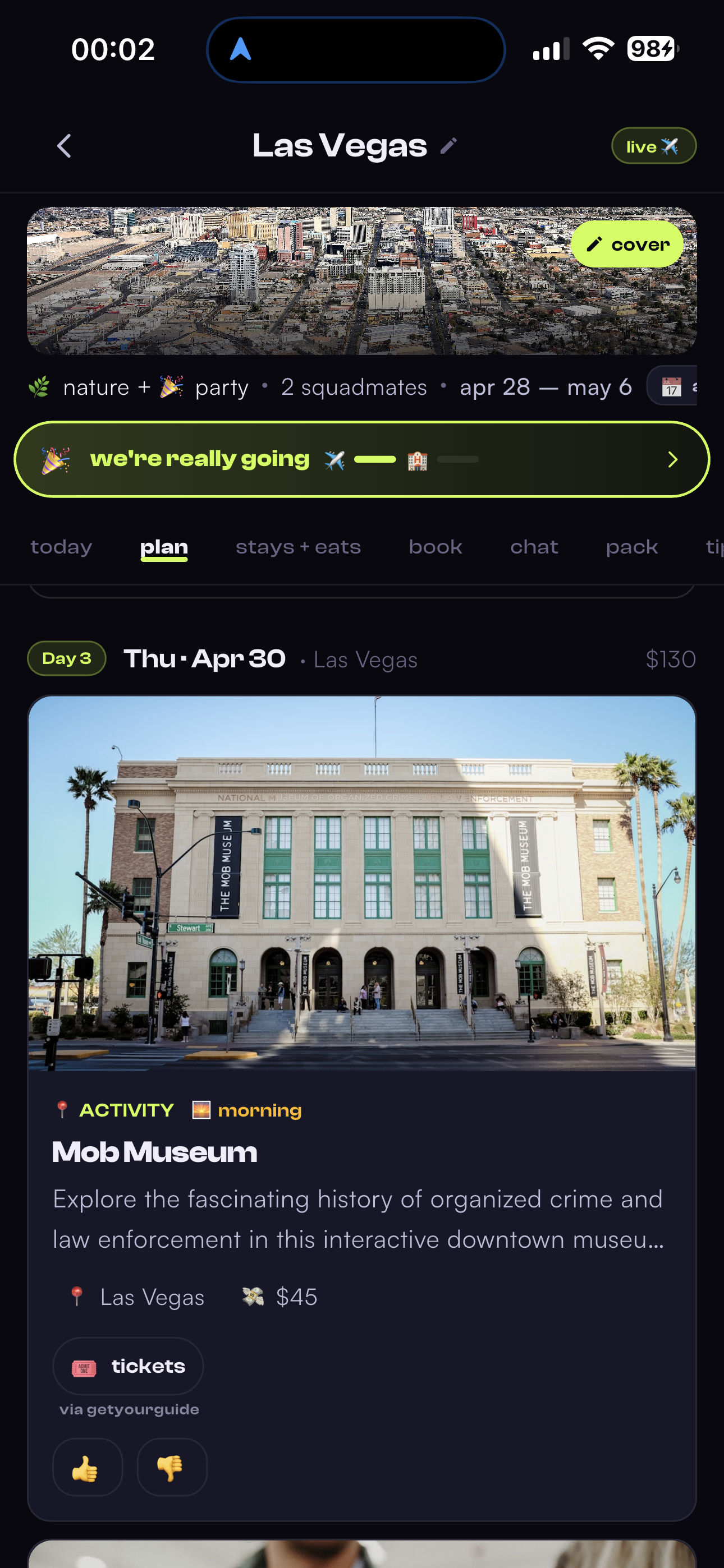 TripSquad Plan tab showing a Las Vegas itinerary