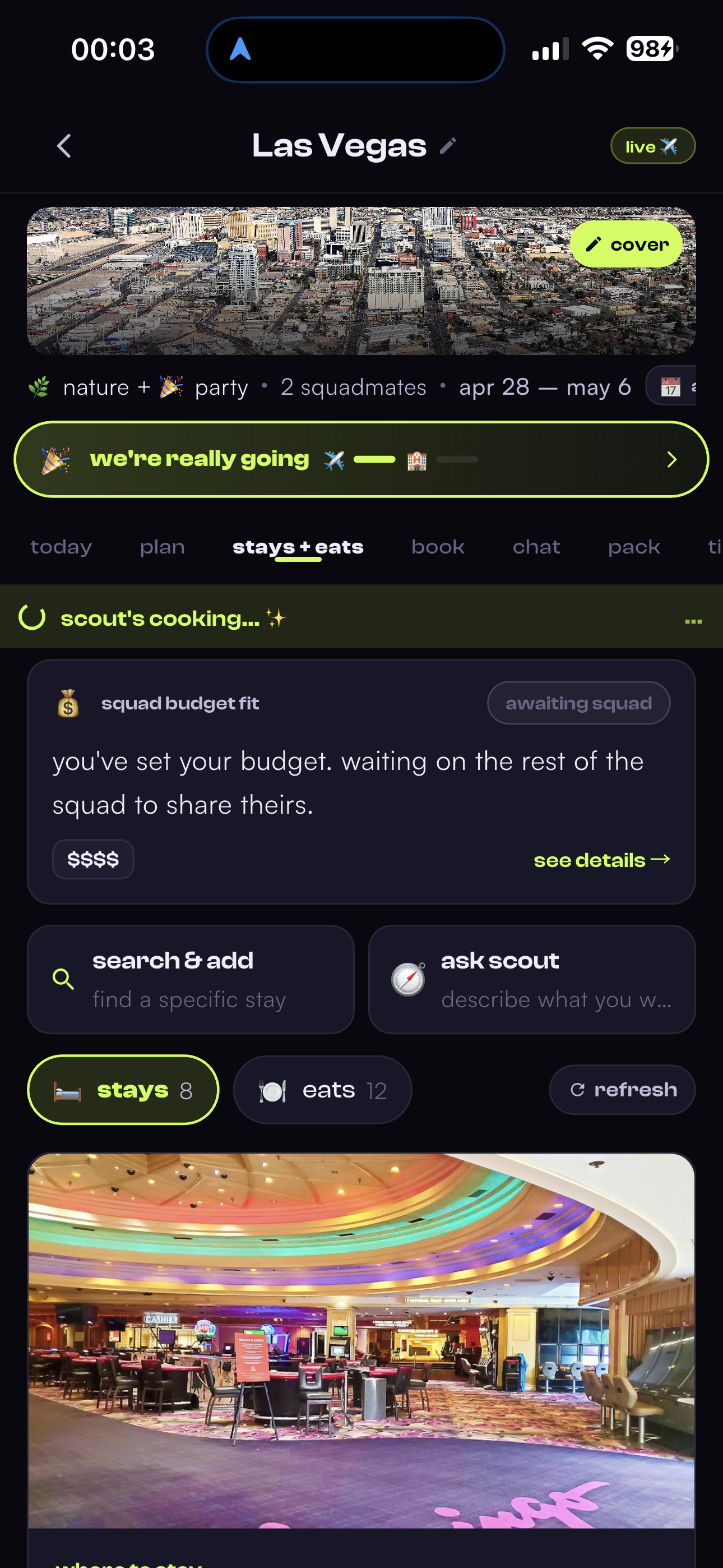 TripSquad Stays + Eats tab with the Squad Budget Fit card