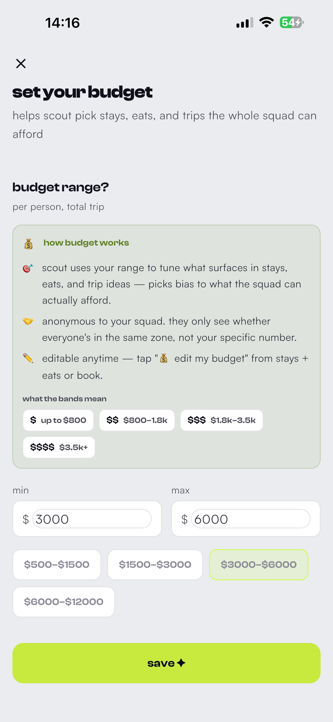Set Your Budget screen in TripSquad showing the privacy-first budget input
